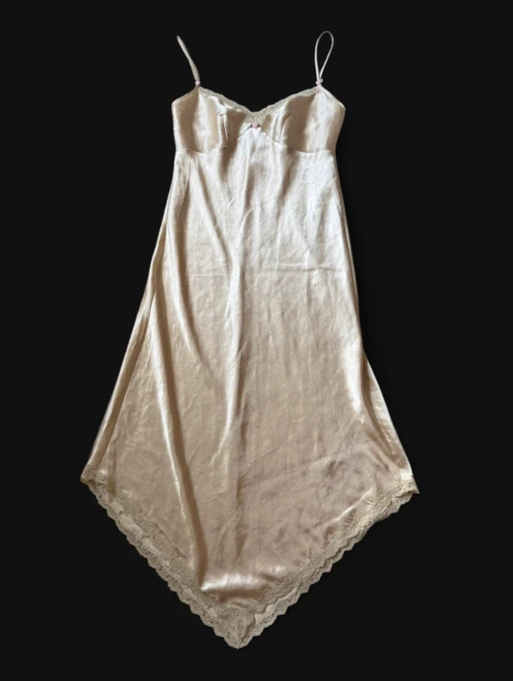 cream tan silk slip dress with lace trim and rose detail